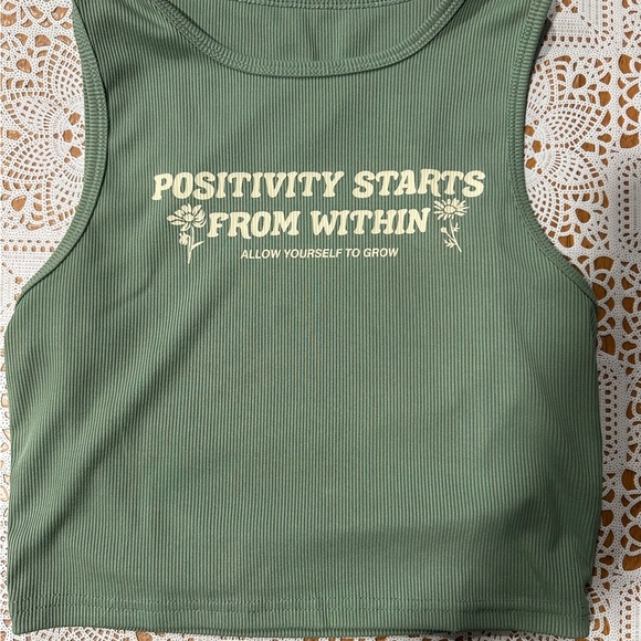 SHEIN Tops - Positivity Starts From Within Olive Green Ribbed Crop Top